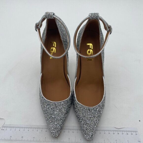 FSJ Silver GlitterCrystal Heels Pointed Toe Rhinestone Pumps Ankle Strap Shoes - Picture 3 of 8